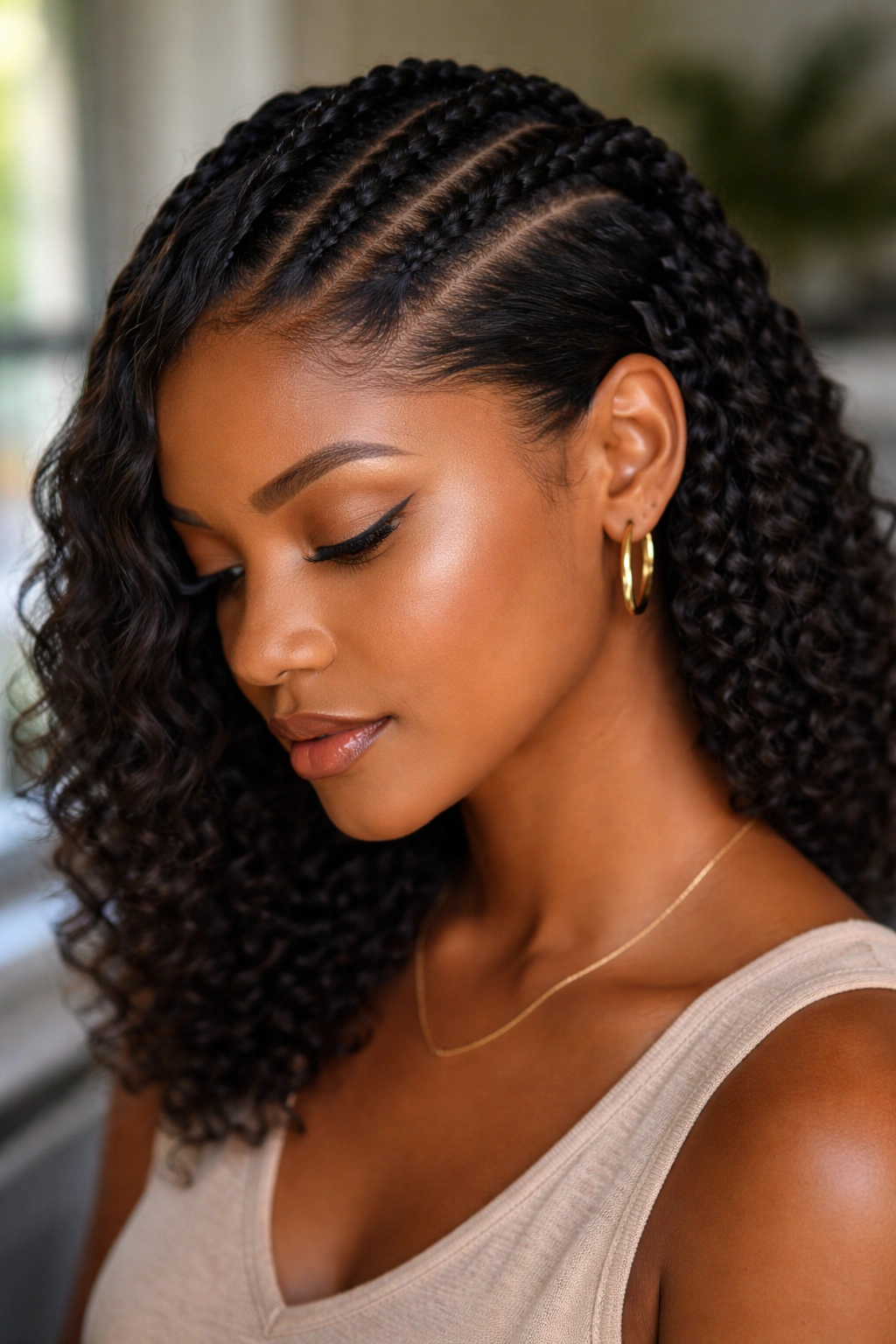 Real woman with four thin flat twists across crown and side part