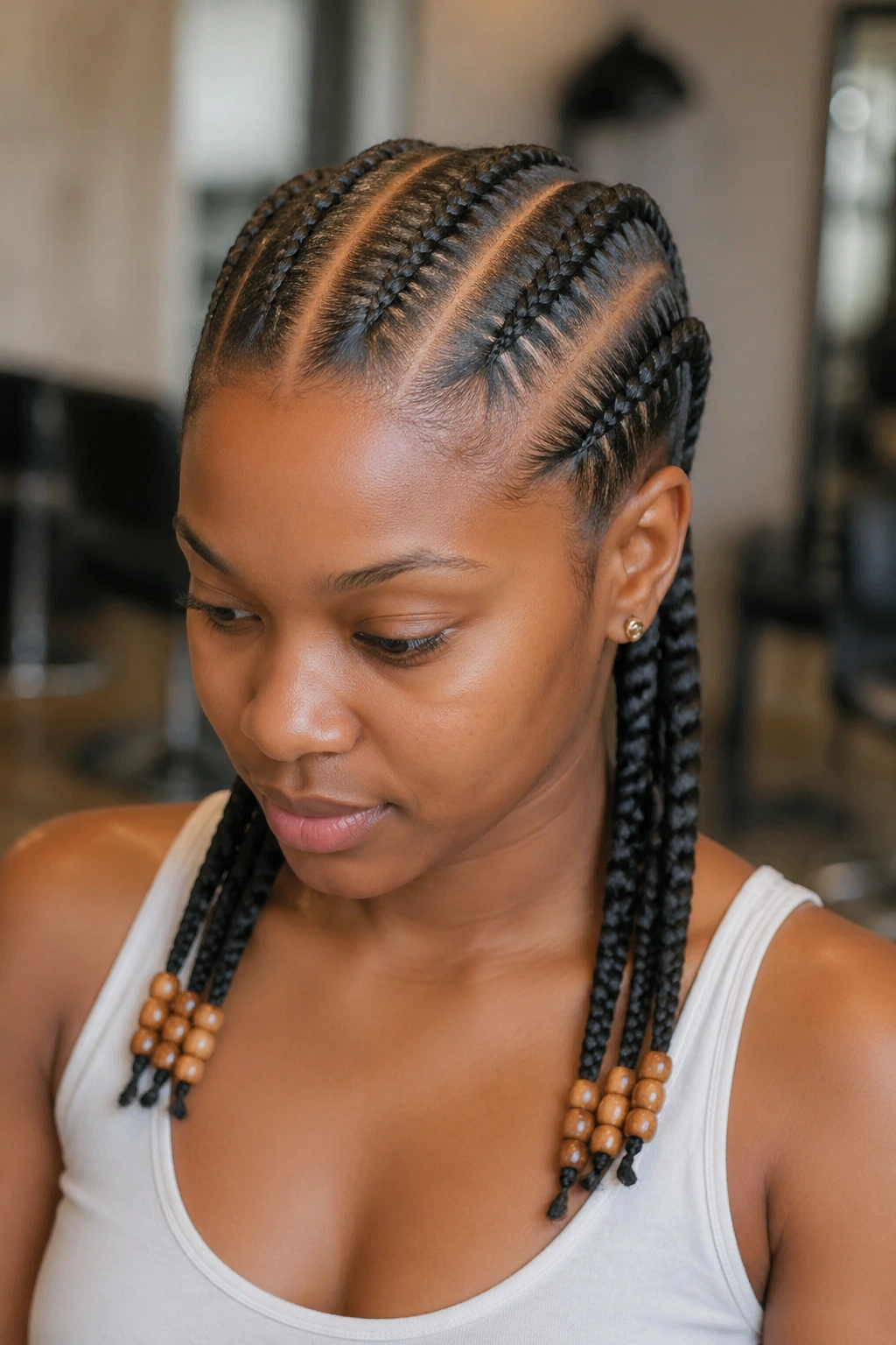 Close-up portrait of a real woman with four French cornrows ending in wooden beads.