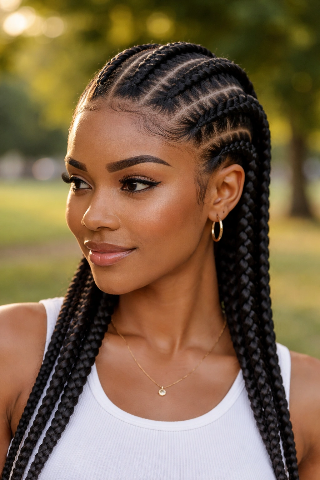 Close-up of real person with four jumbo straight-back cornrows