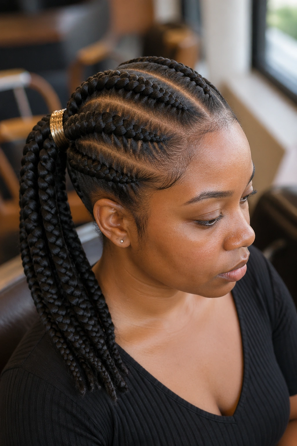 Close-up portrait of a real Black woman with a four-large-braid mid ponytail in a salon
