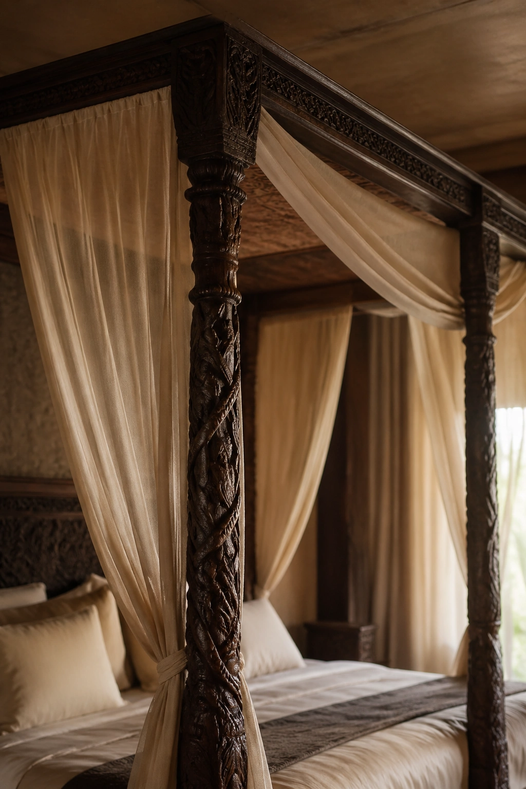 Carved wood canopy four-poster bed with fabric canopy