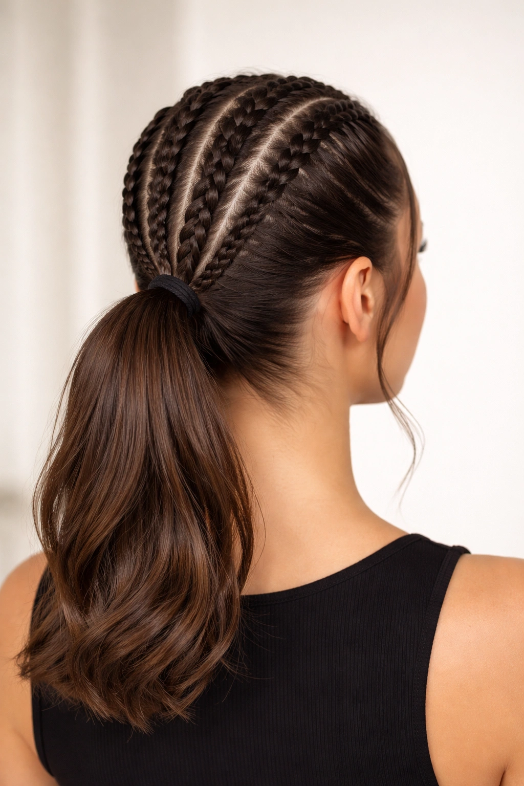 Four clean stitch rows forming an architectural ponytail base