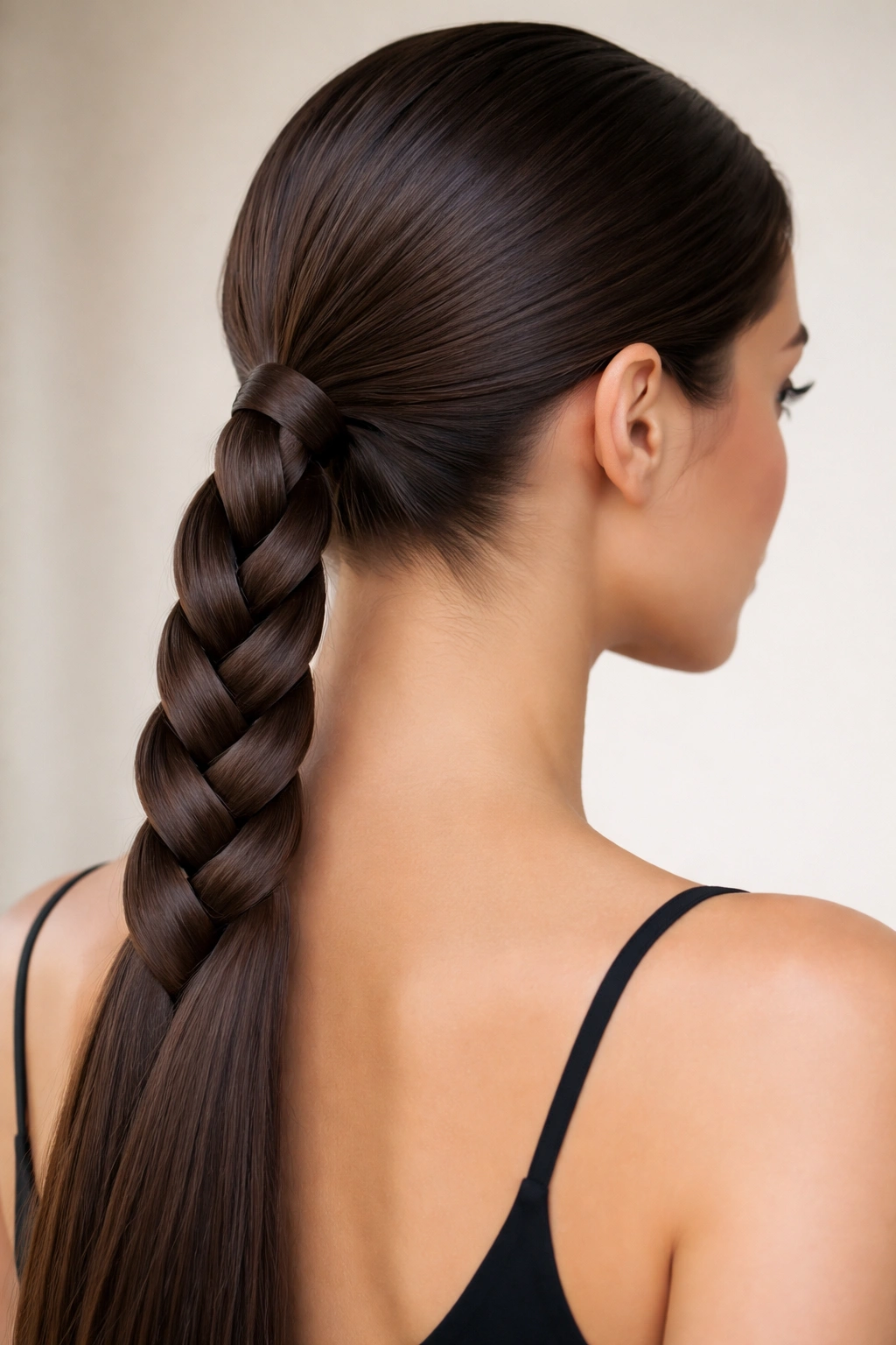 Close-up of a four-strand braided low ponytail with a flat woven pattern at the nape