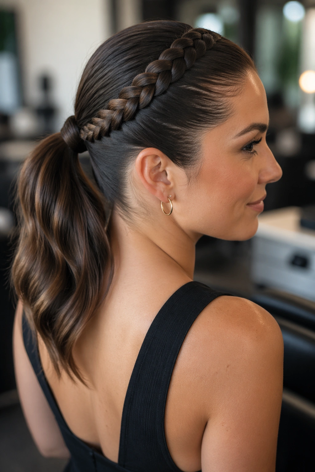 Close-up of a real woman with four-strand mid braided ponytail