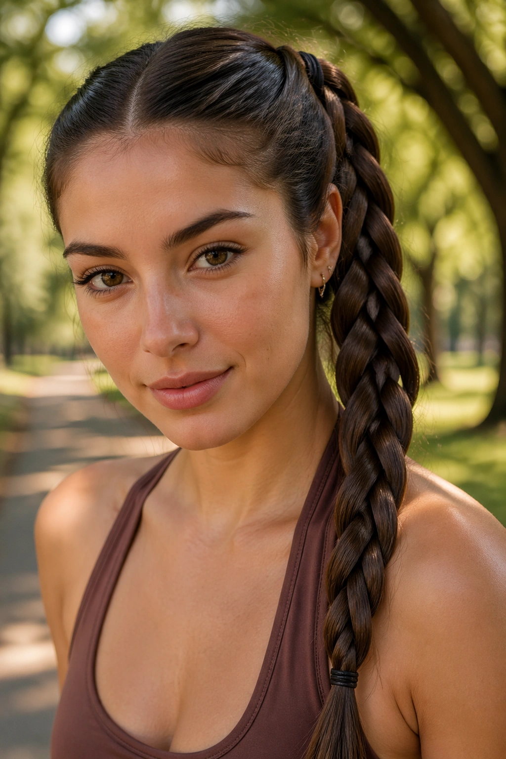 Real woman with four-strand brown braid ponytail, portrait