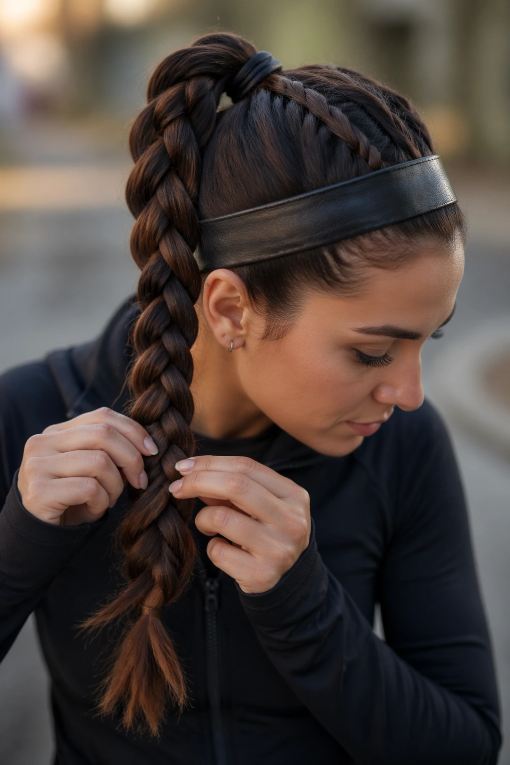 Candid view of four-strand braid ponytail with a leather headband being adjusted outdoors.