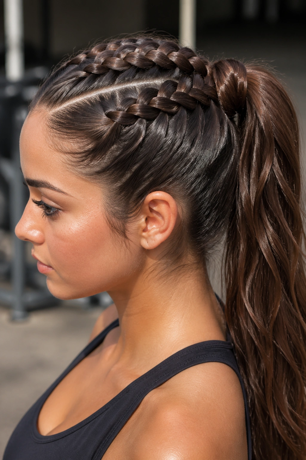 Close-up of a real woman with Four-Strand Braided Ponytail showing a dense four-strand braid into a ponytail.