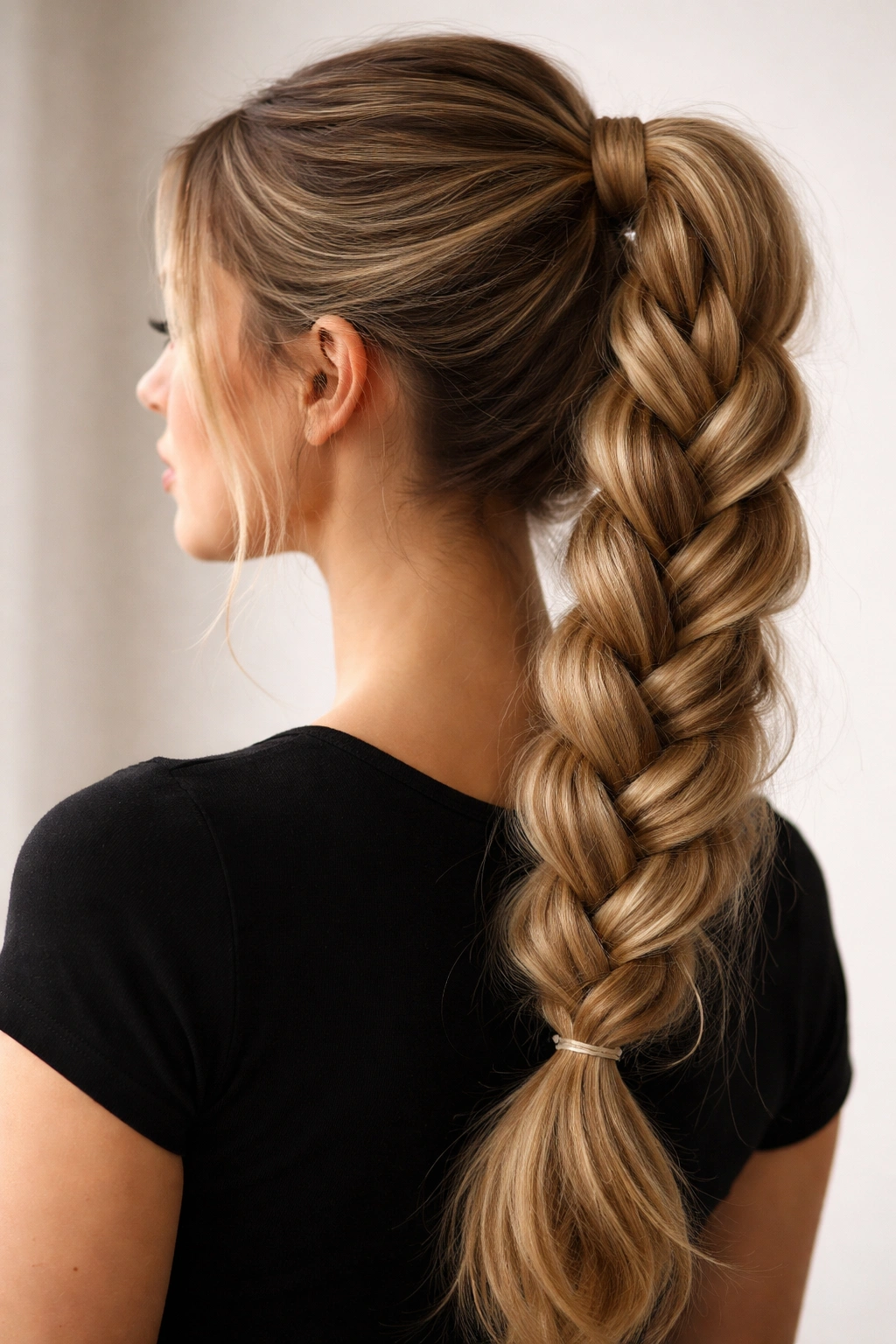 Four-strand braided ponytail with rope-like weave