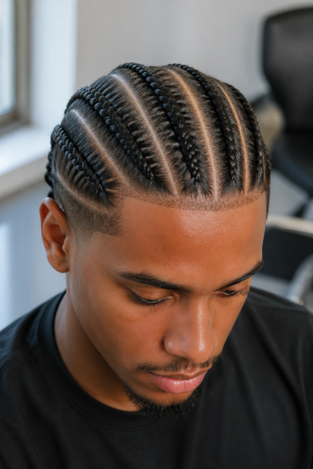 Close-up of four thick cornrows with sharp parts on a real person in a salon