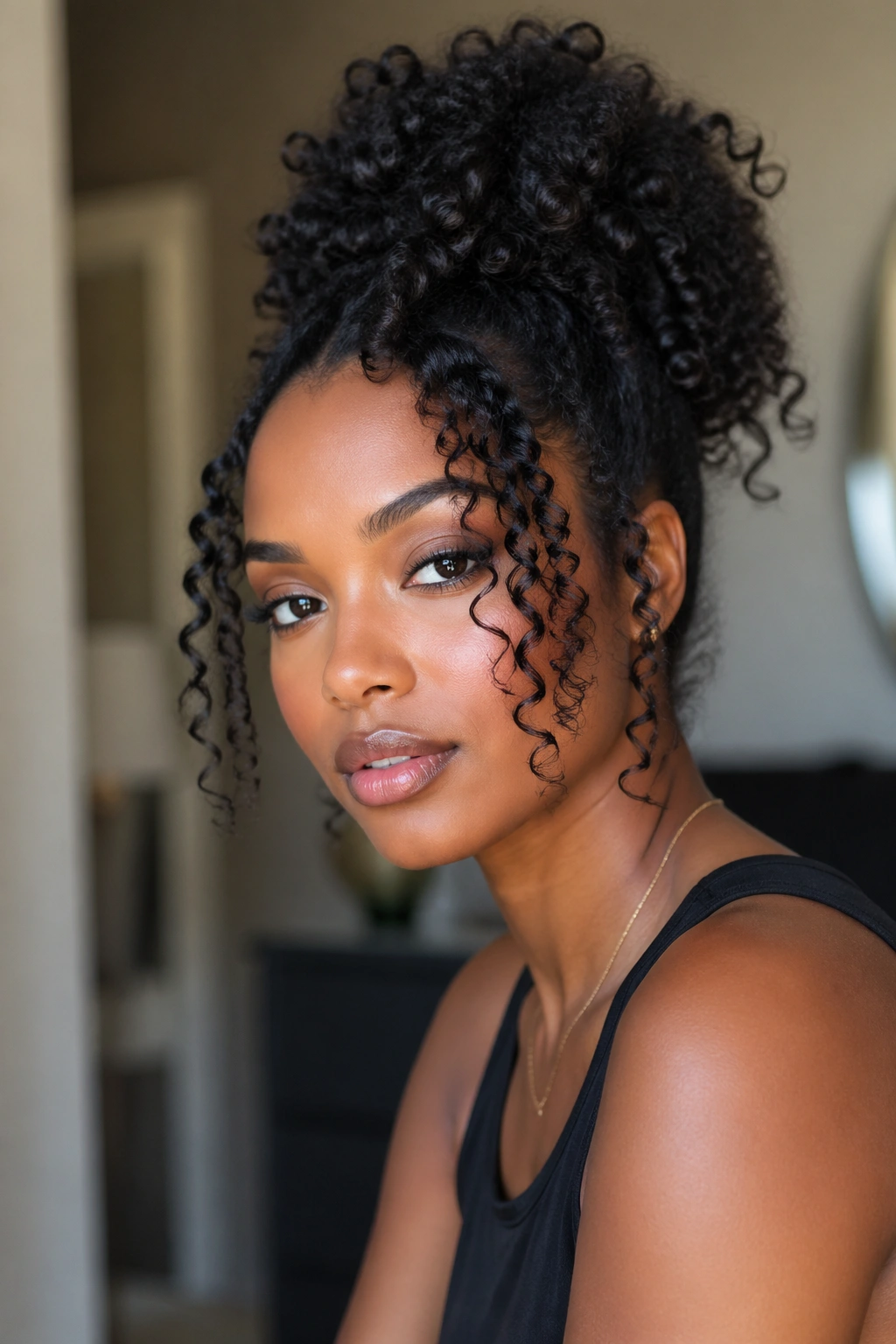 Close-up of front-framing curls with defined texture and shine on a real person