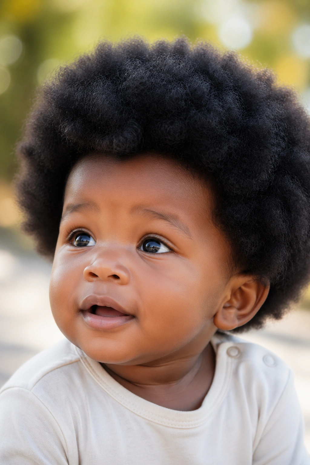 Close-up of a toddler with a natural free afro in sunny outdoor light