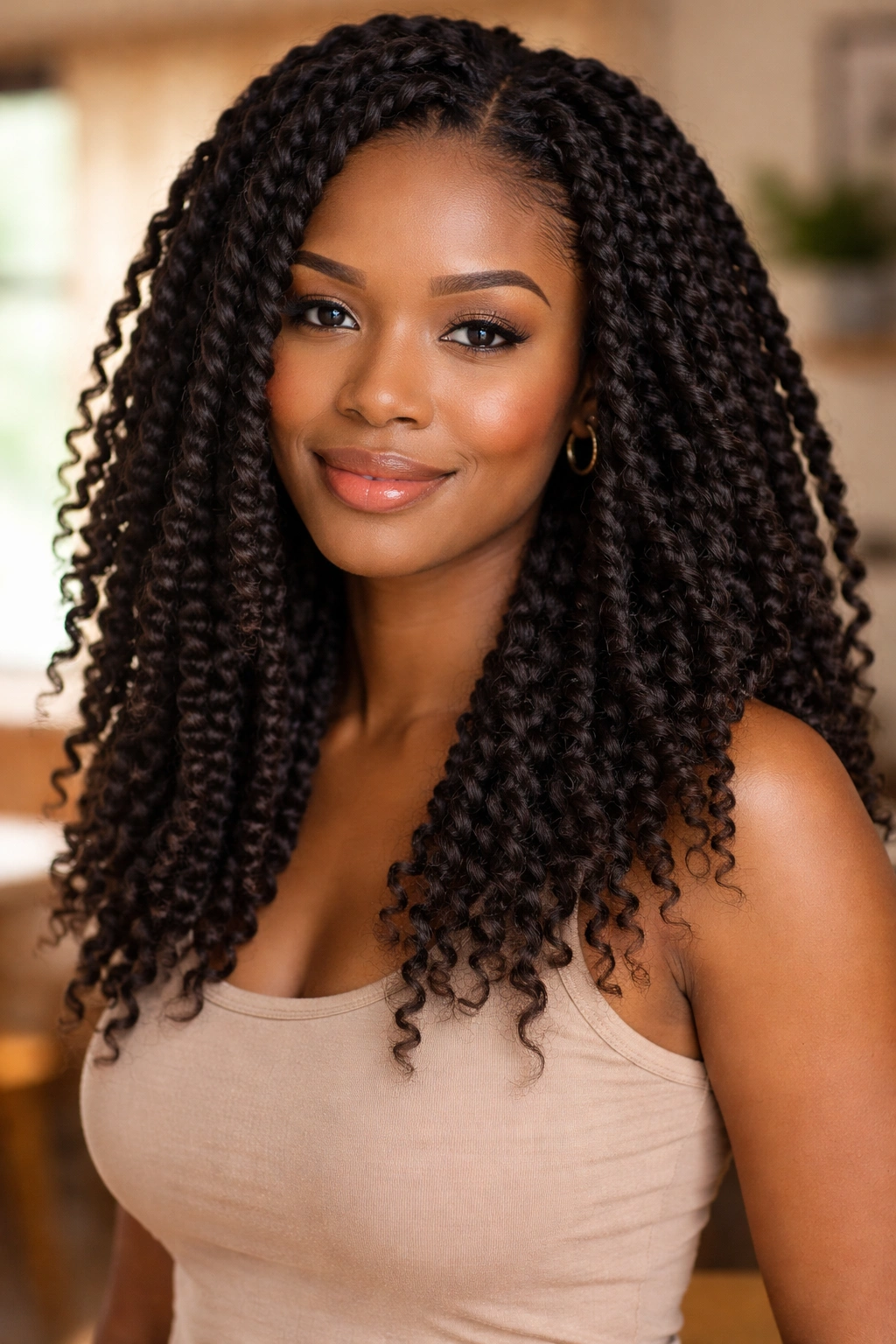 Close-up of a real person wearing a loose, free-flowing twist set.