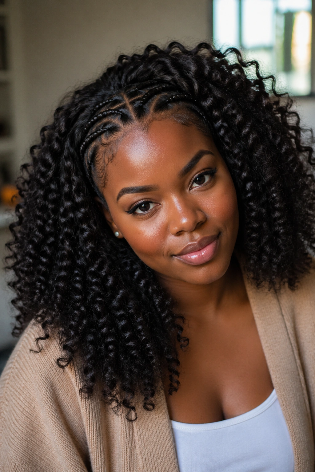 Close-up portrait of a real person with classic free-style curly crochet braids
