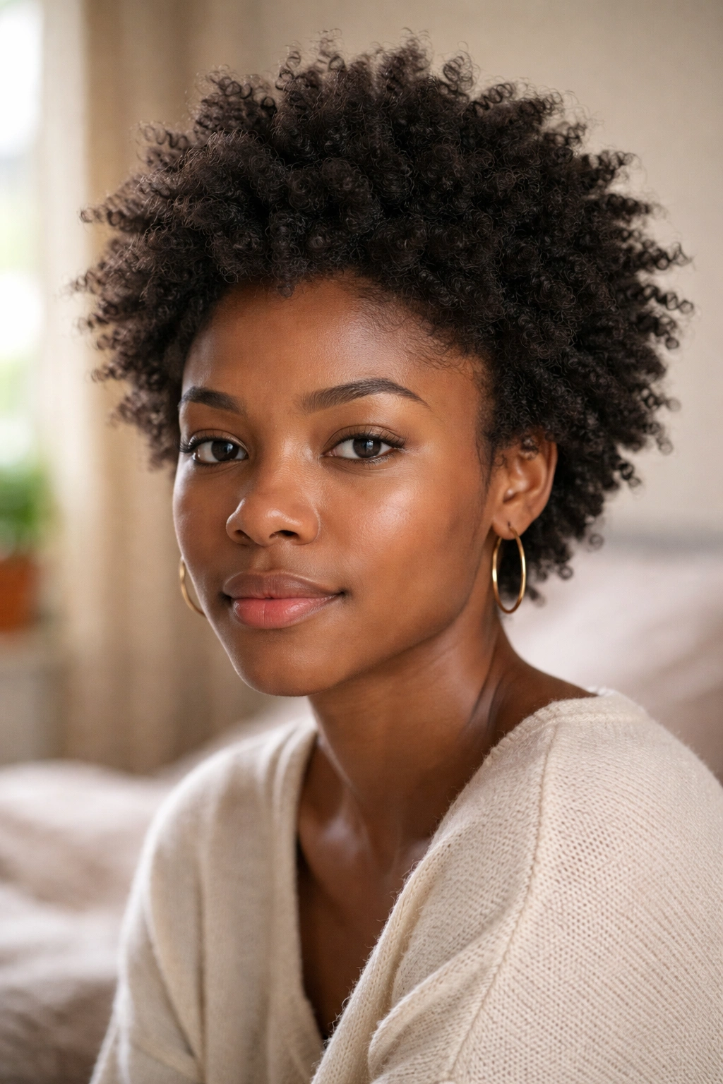 Close-up of a real woman with a natural small afro formed by air-drying, no product.