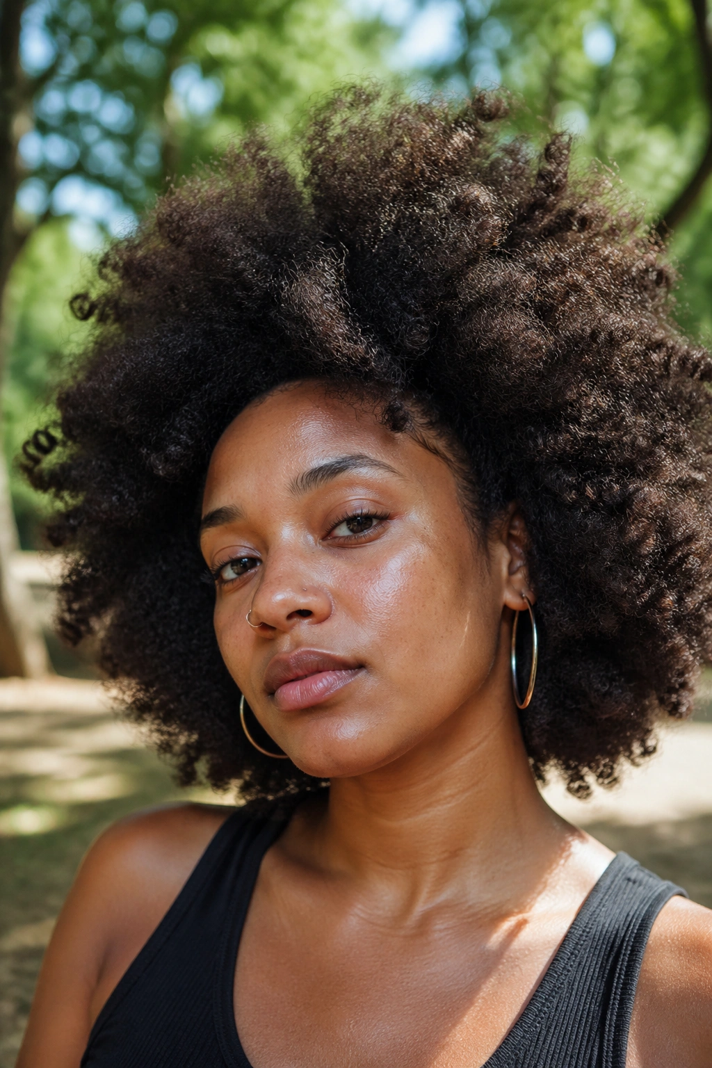 Close-up of a real person with a large freeform Afro in daylight