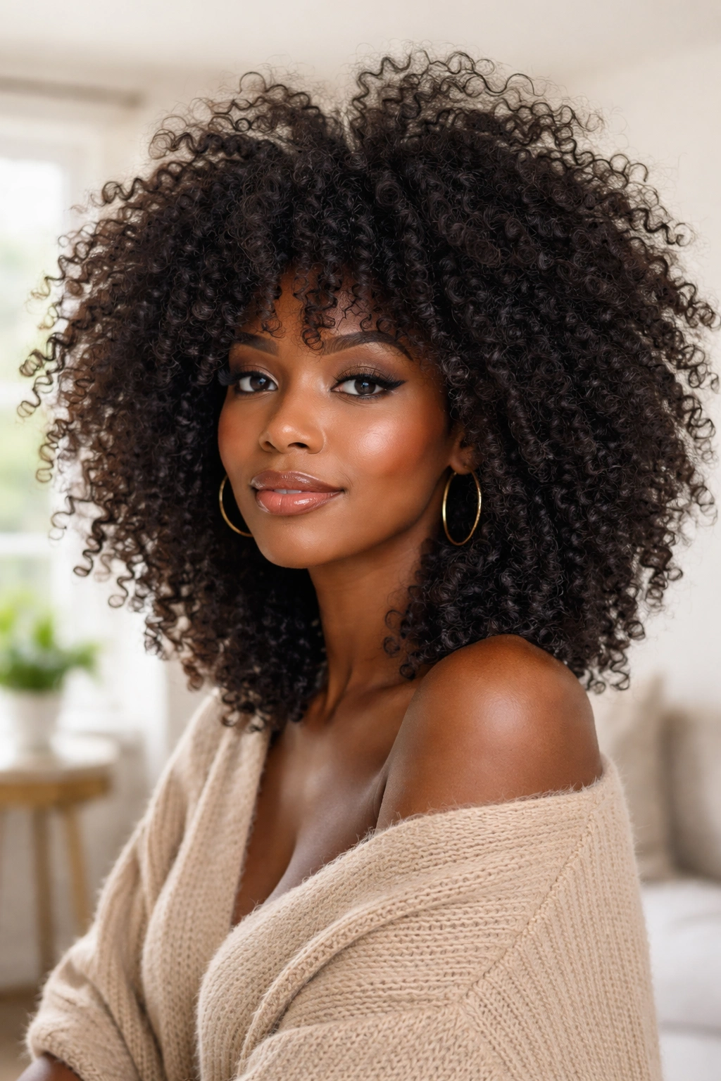 Close-up of real woman with freeform curls and undefined edges