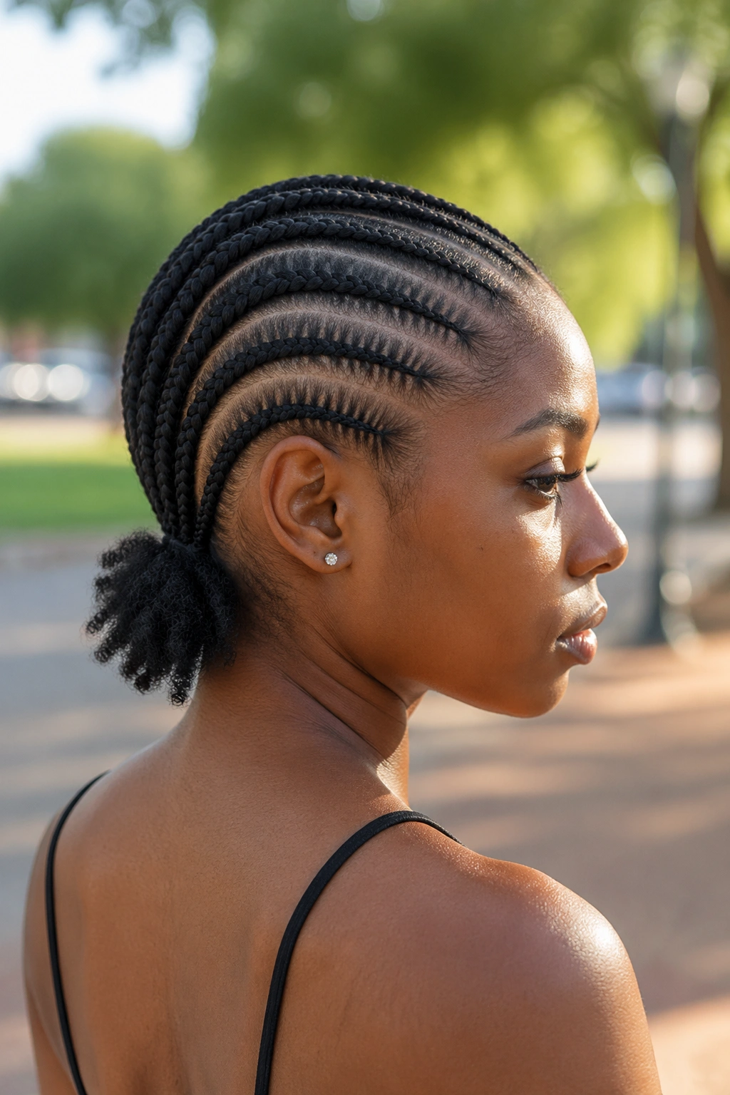 Close-up of a real woman with freeform-ended cornrows in natural light outdoors