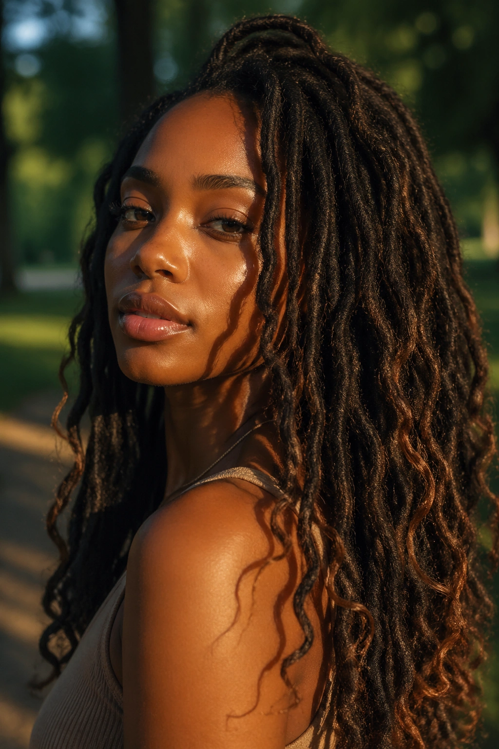 Real person with freeform locs and loose boho waves in natural light.