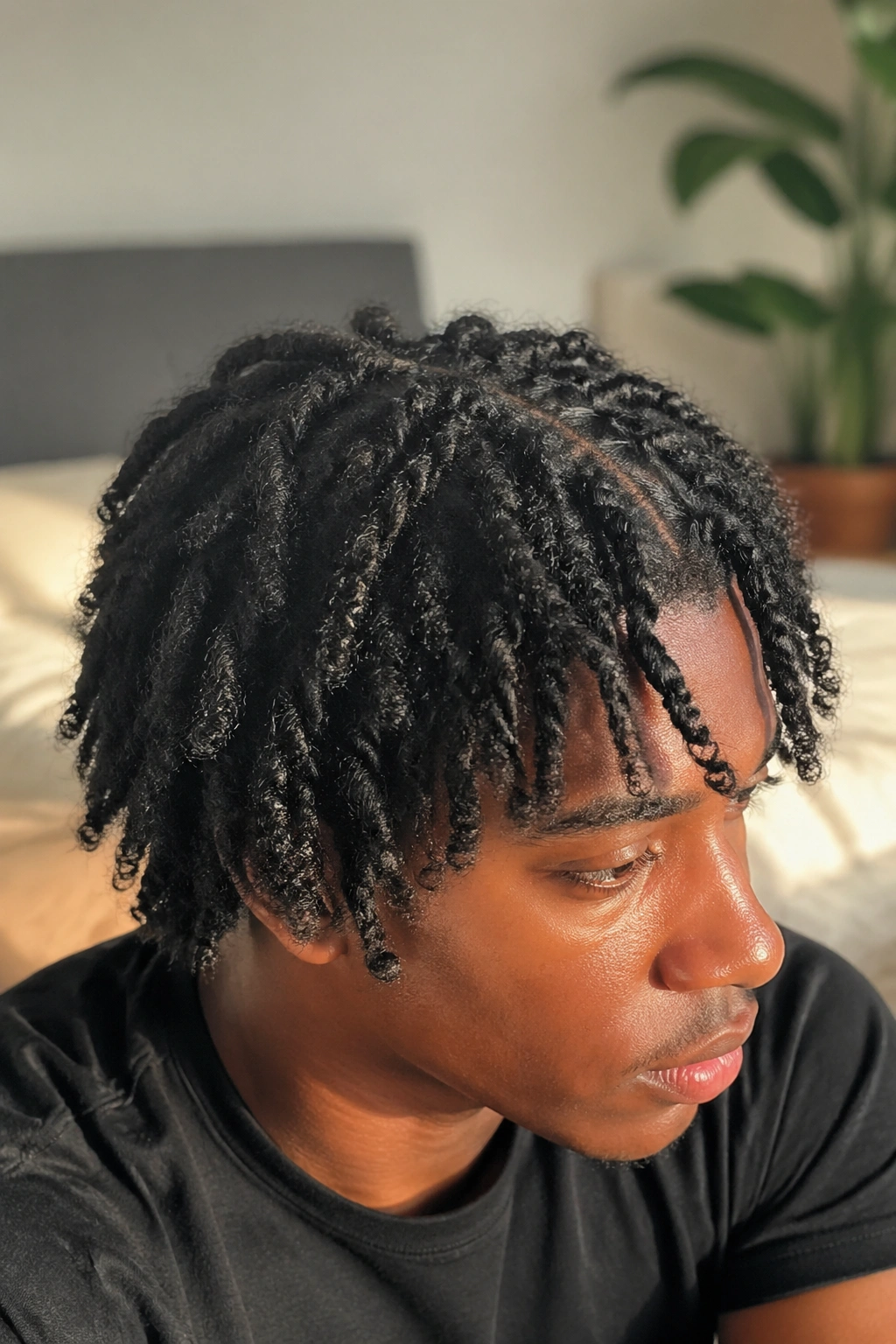 Close-up of freeform parting perm twists on a real person