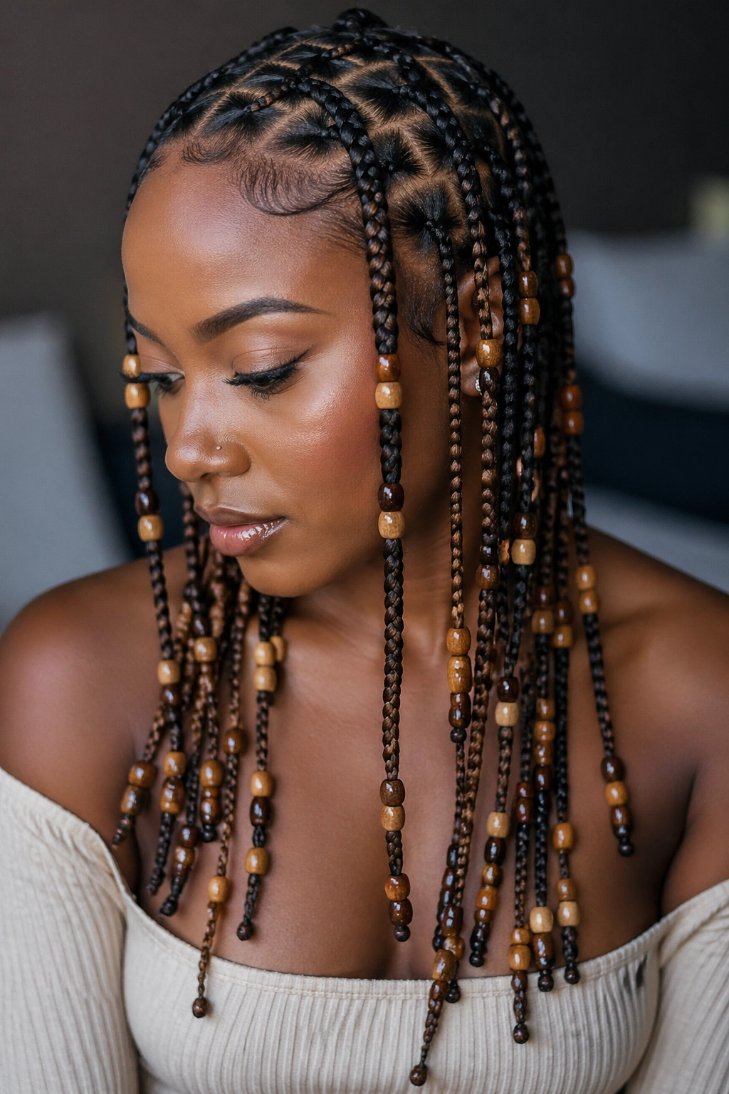 Close-up of a real person with randomly scattered beads along stitch cornrows