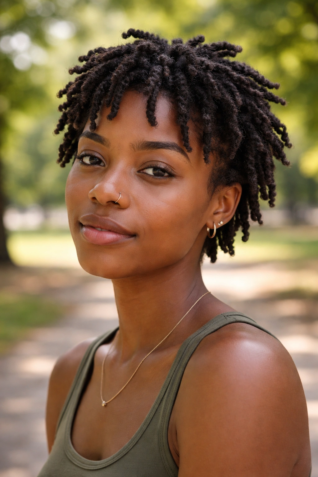Close-up of freeform twists on short natural hair in natural light