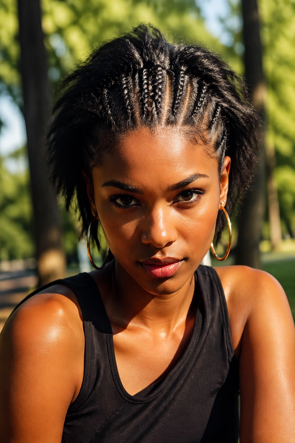 Close-up portrait of a real person with a middle cornrow mohawk half-up style