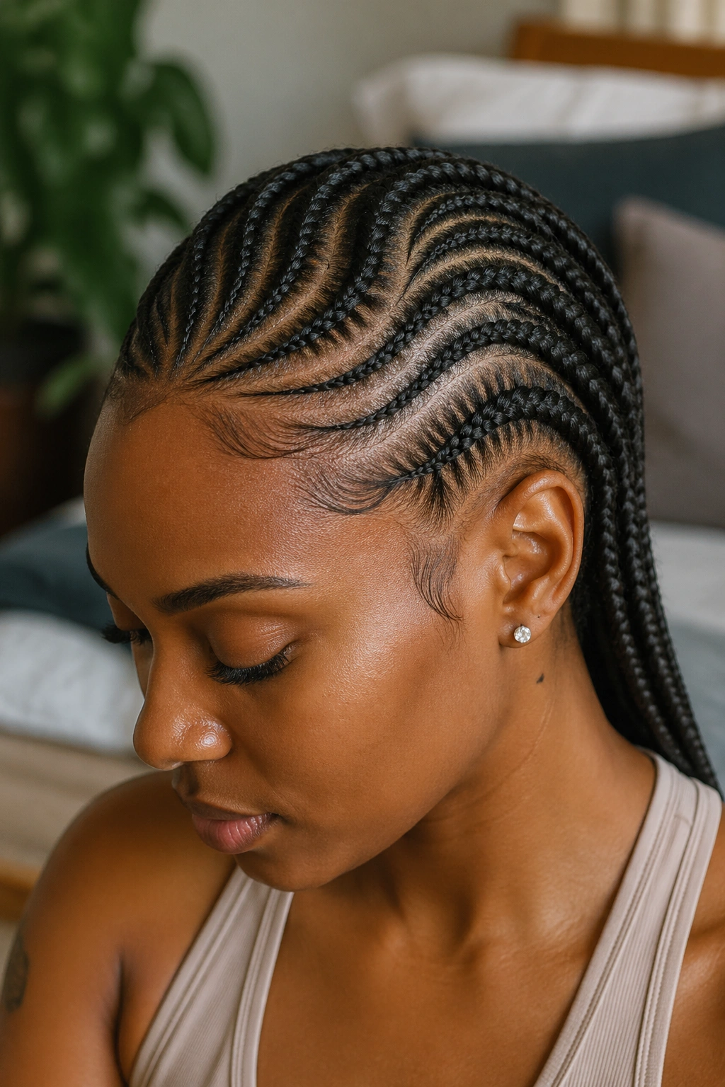 Close-up of freehand curved cornrows on a real woman's head