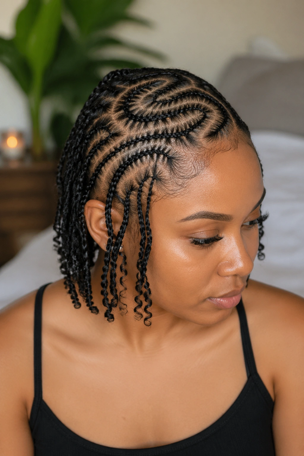 Close-up of freestyle cornrows with micro twists on a real person