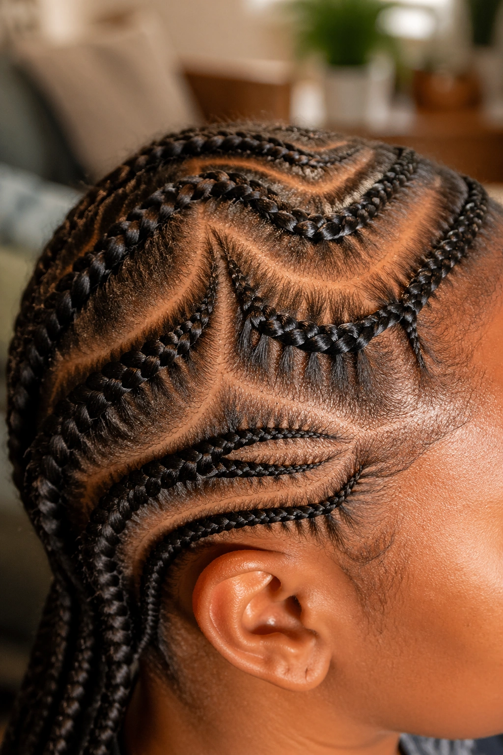 Close-up of freestyle cornrows with irregular widths on a real person
