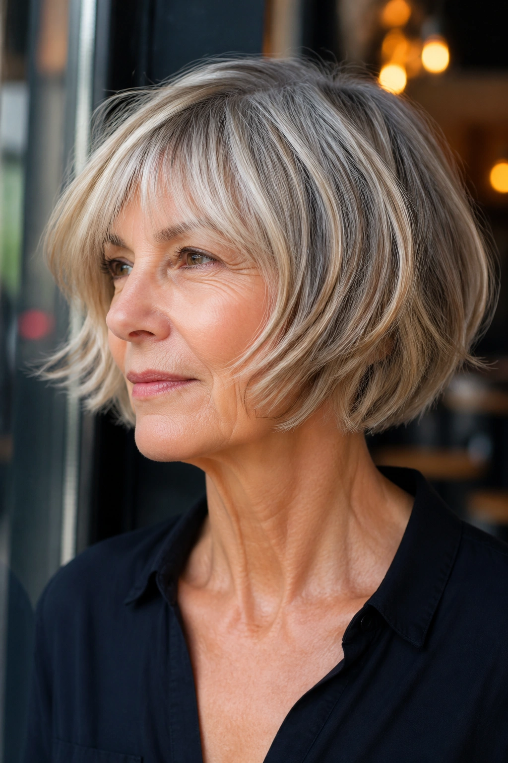 Real woman with French bob and airy ends under natural light