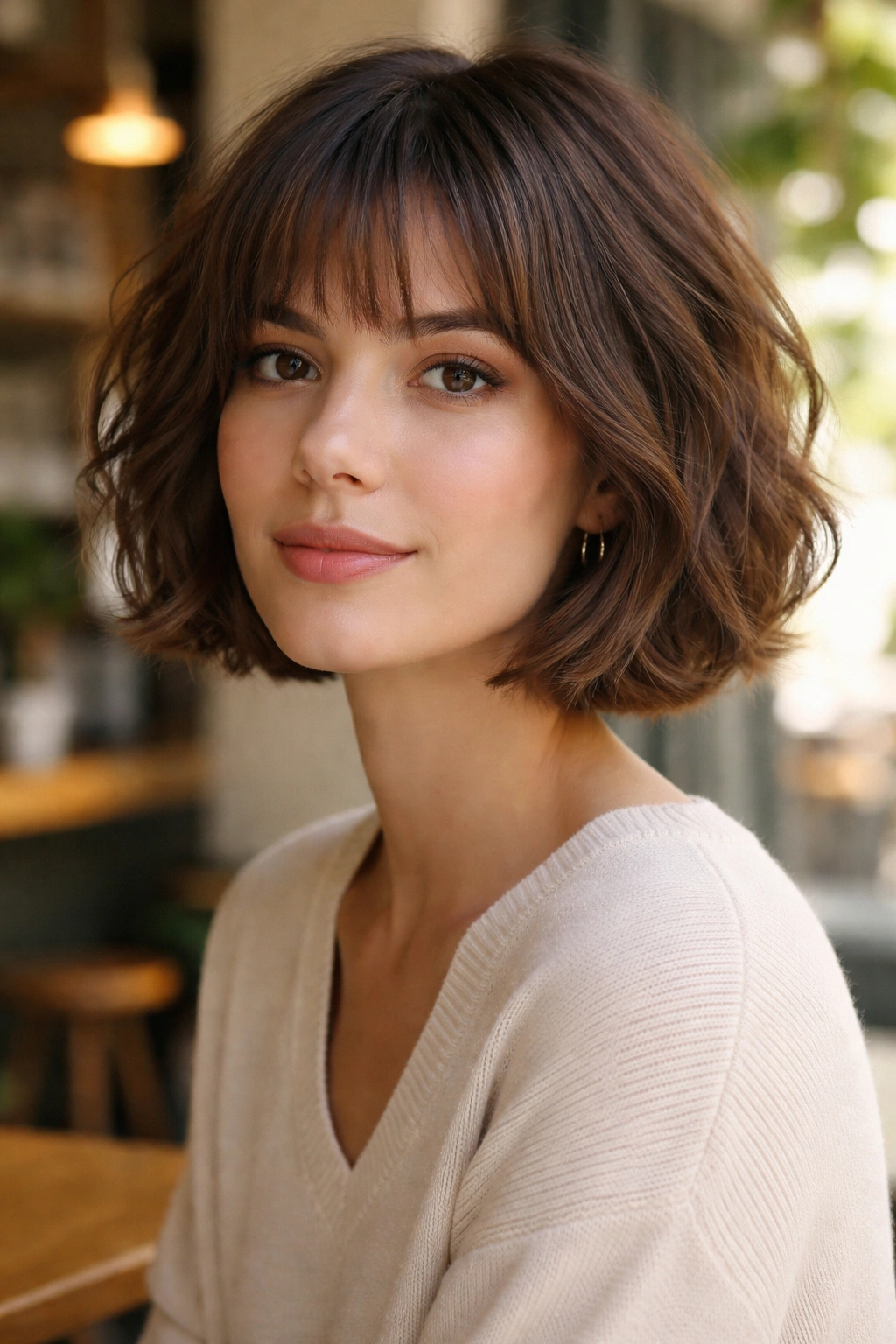 Close-up of a real woman with a French bob with airy texture