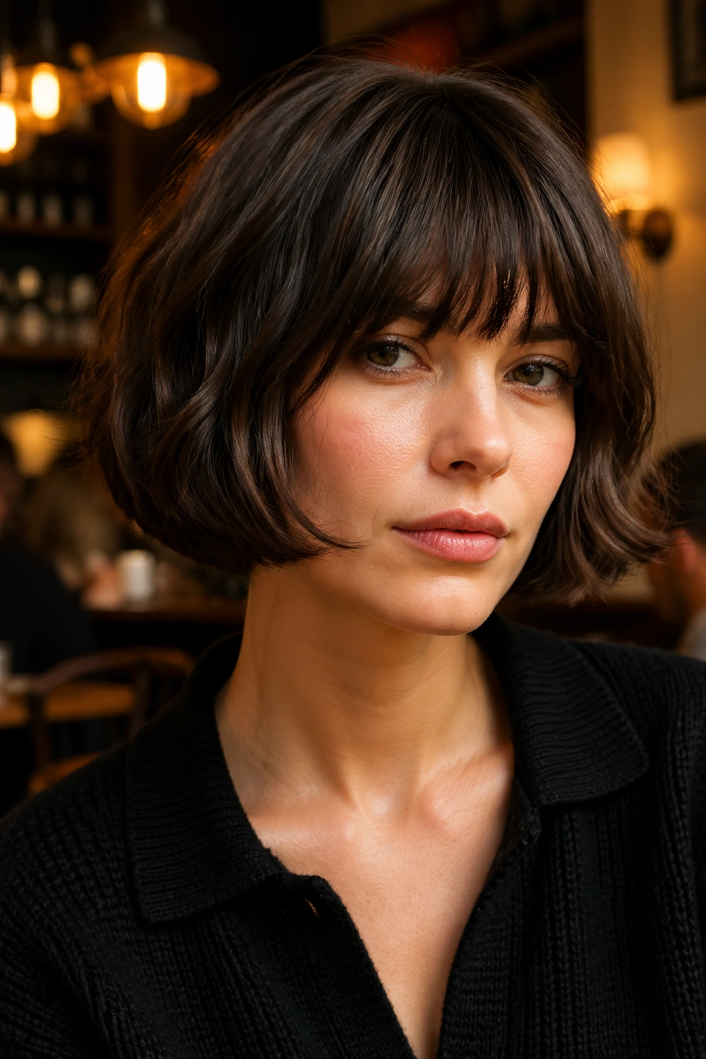 Close-up of a real person with French bob and brow-skimming fringe in warm cafe light