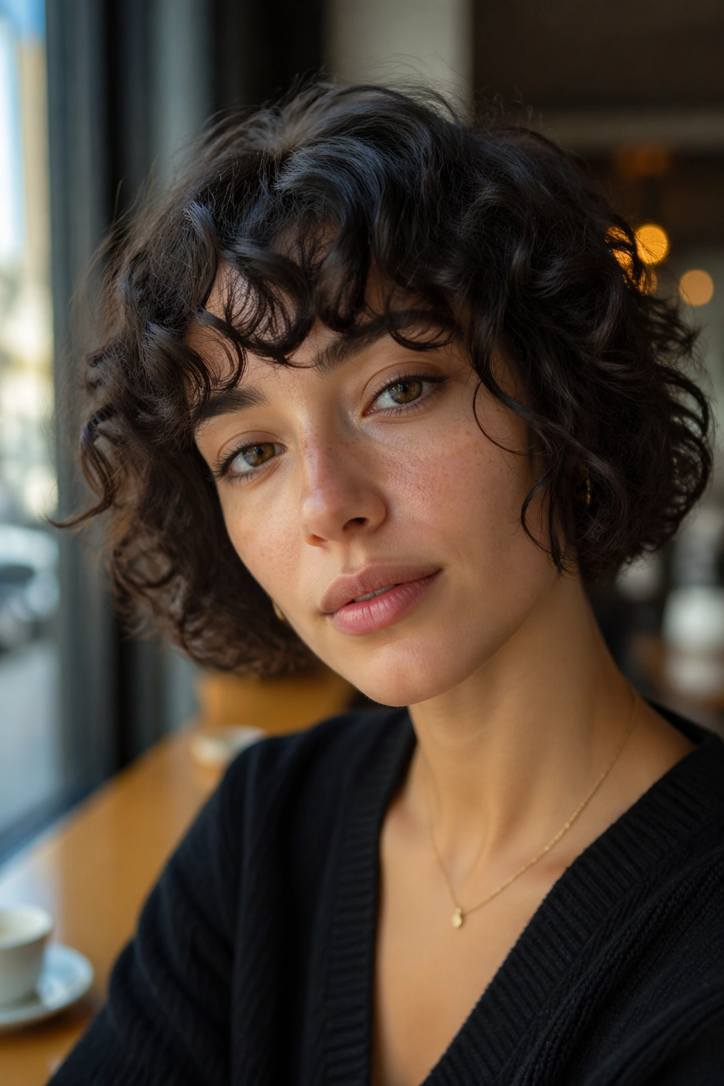 Close-up of real person with French bob and curly fringe framing eyes