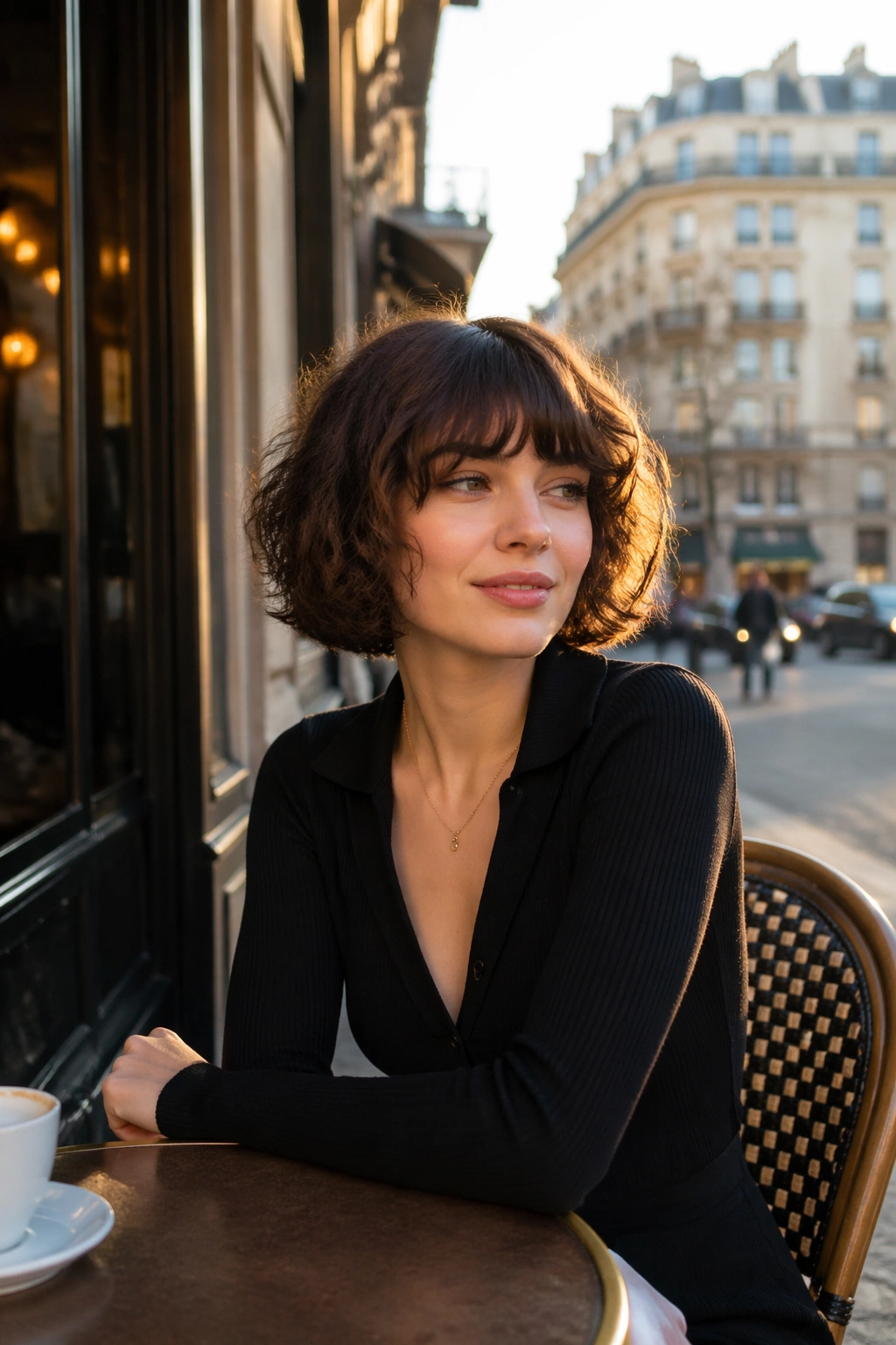 French bob with soft fringe at a cafe in natural light.