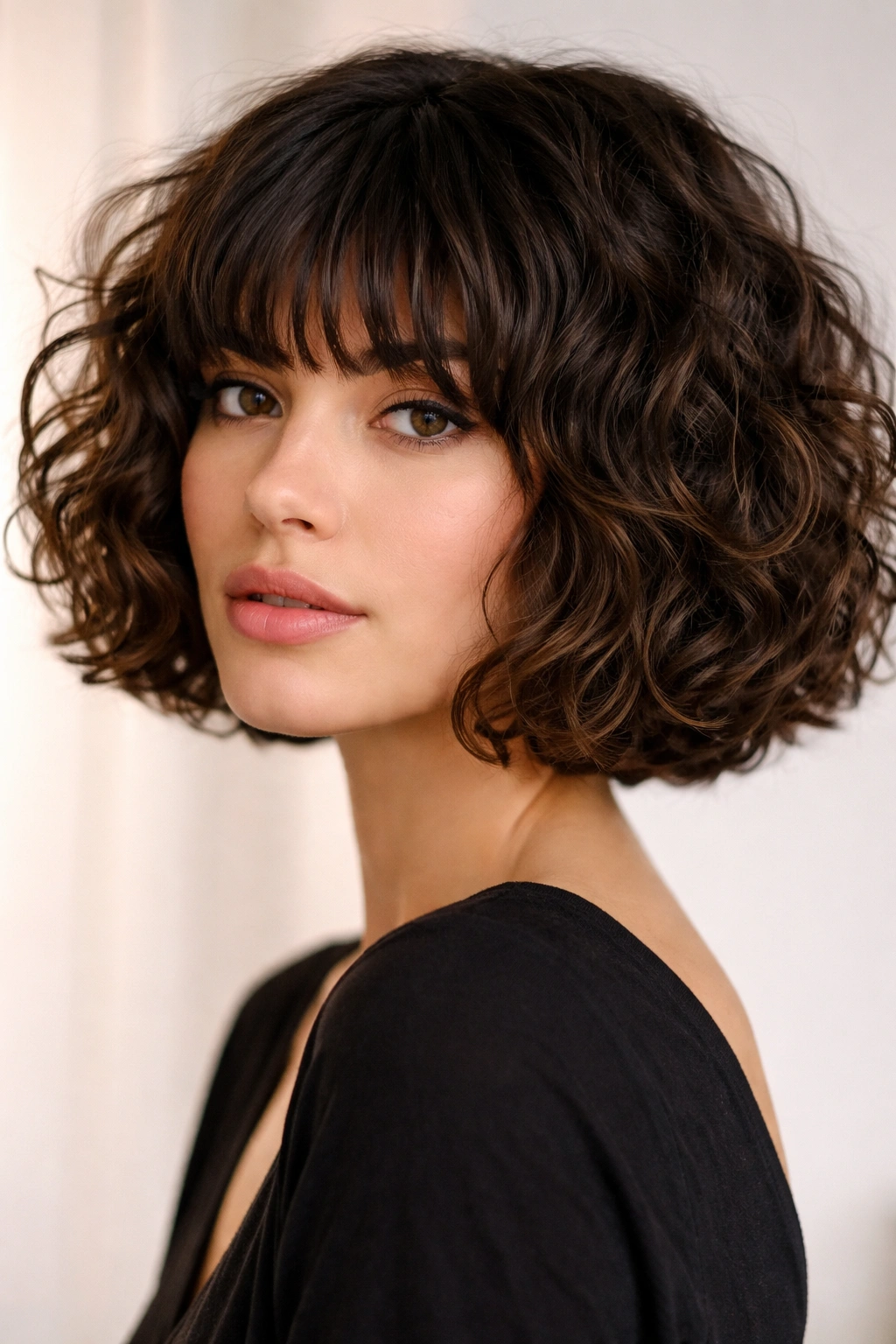 Three-quarter portrait of French bob with fringe on curly hair