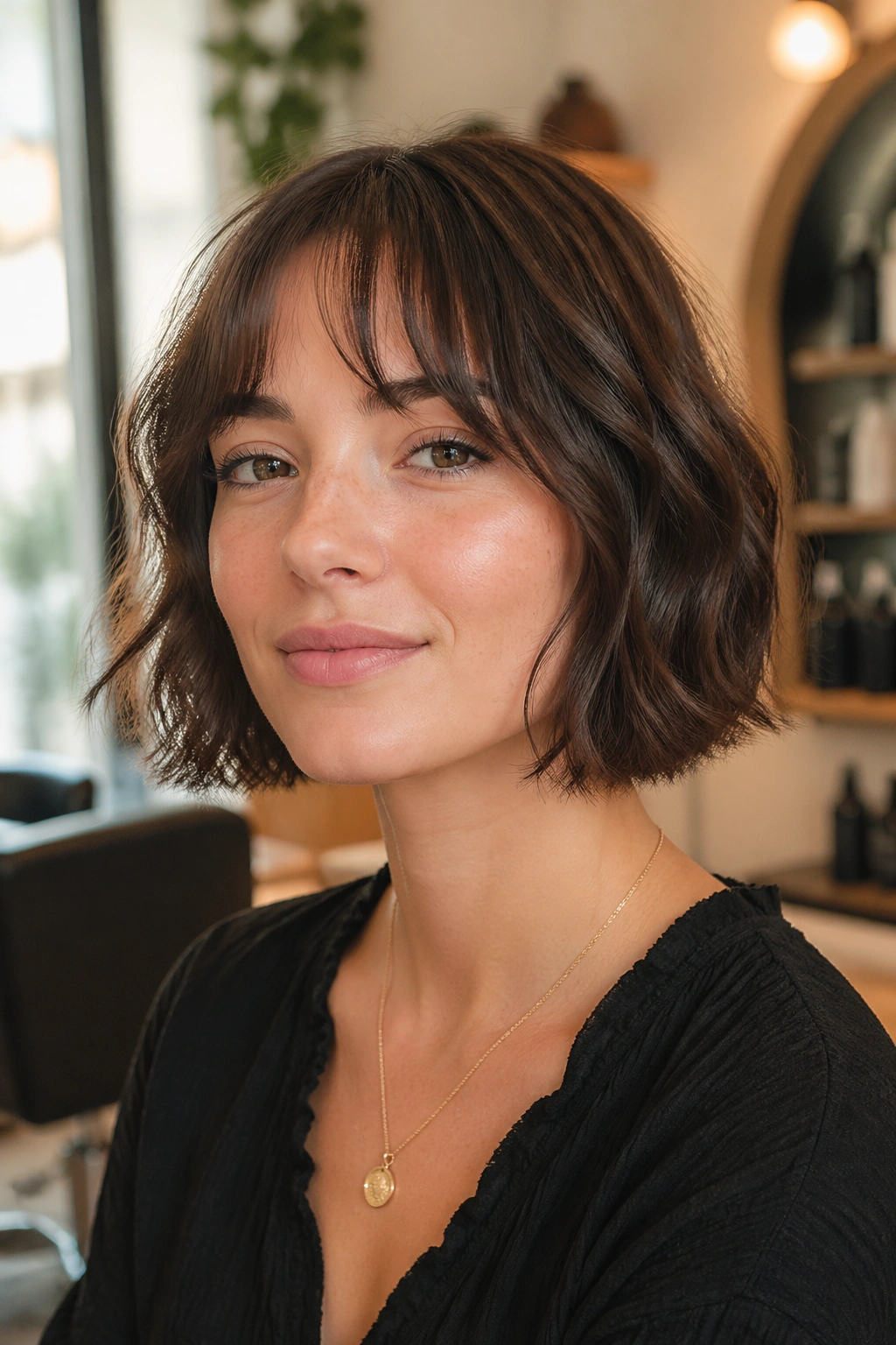Close-up of real woman with French bob and airy fringe in warm window light