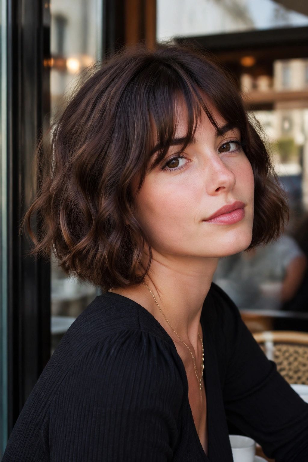 Close-up of a real woman with a French bob and soft fringe in Parisian cafe light