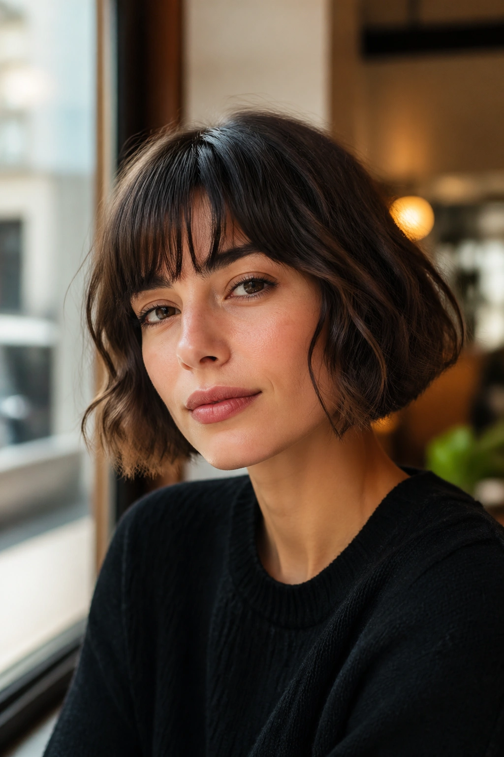 Close-up portrait of a real woman with a French bob and soft fringe grazing the brows