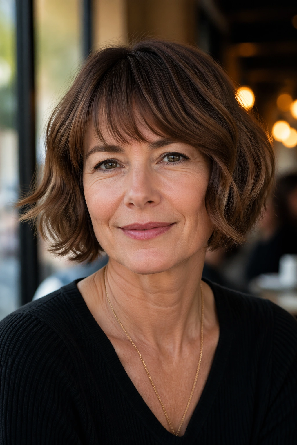 Real woman with French bob and soft wave in a chic cafe setting.
