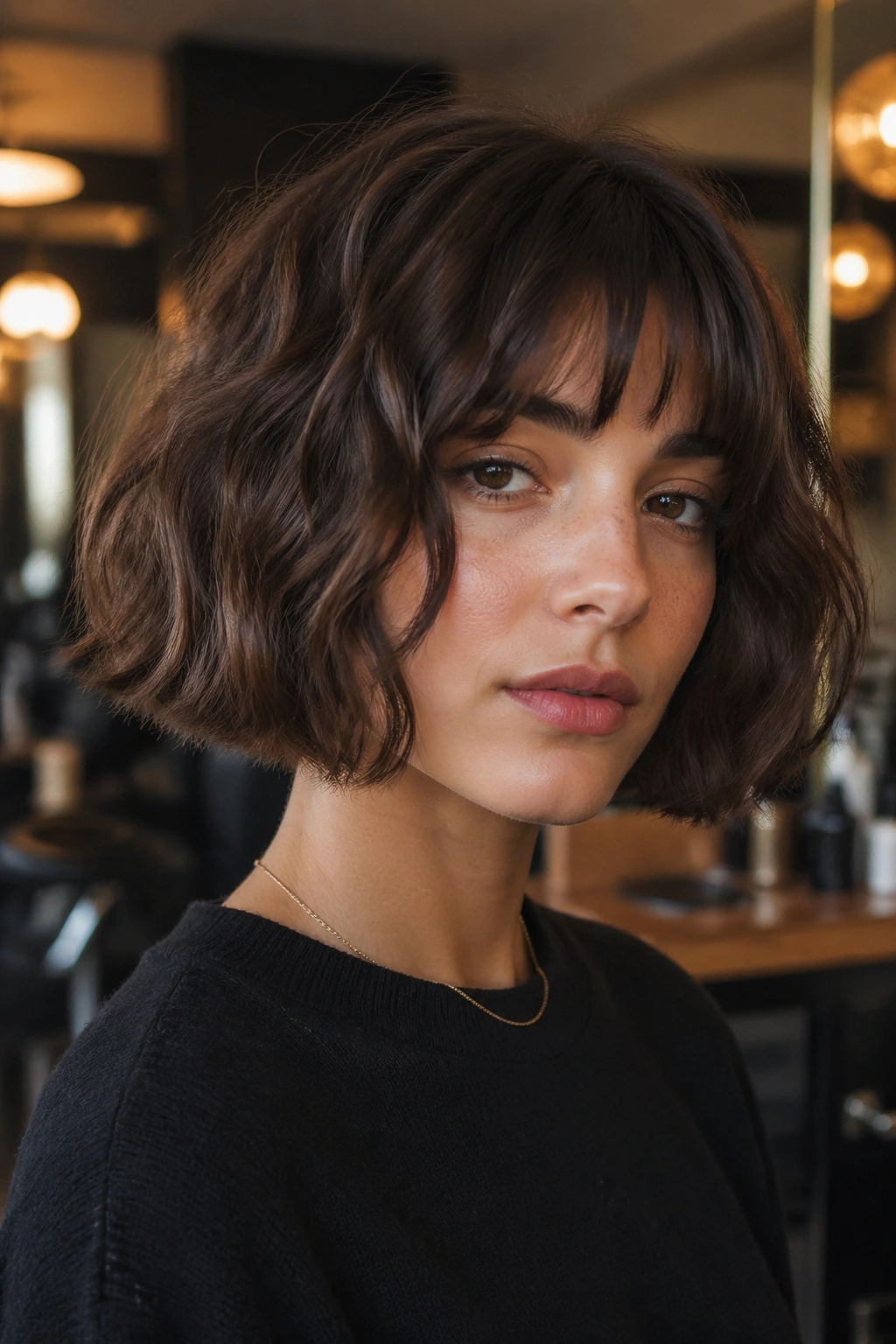 Close-up of a real person with a jaw-length blunt French bob and waves in a chic salon