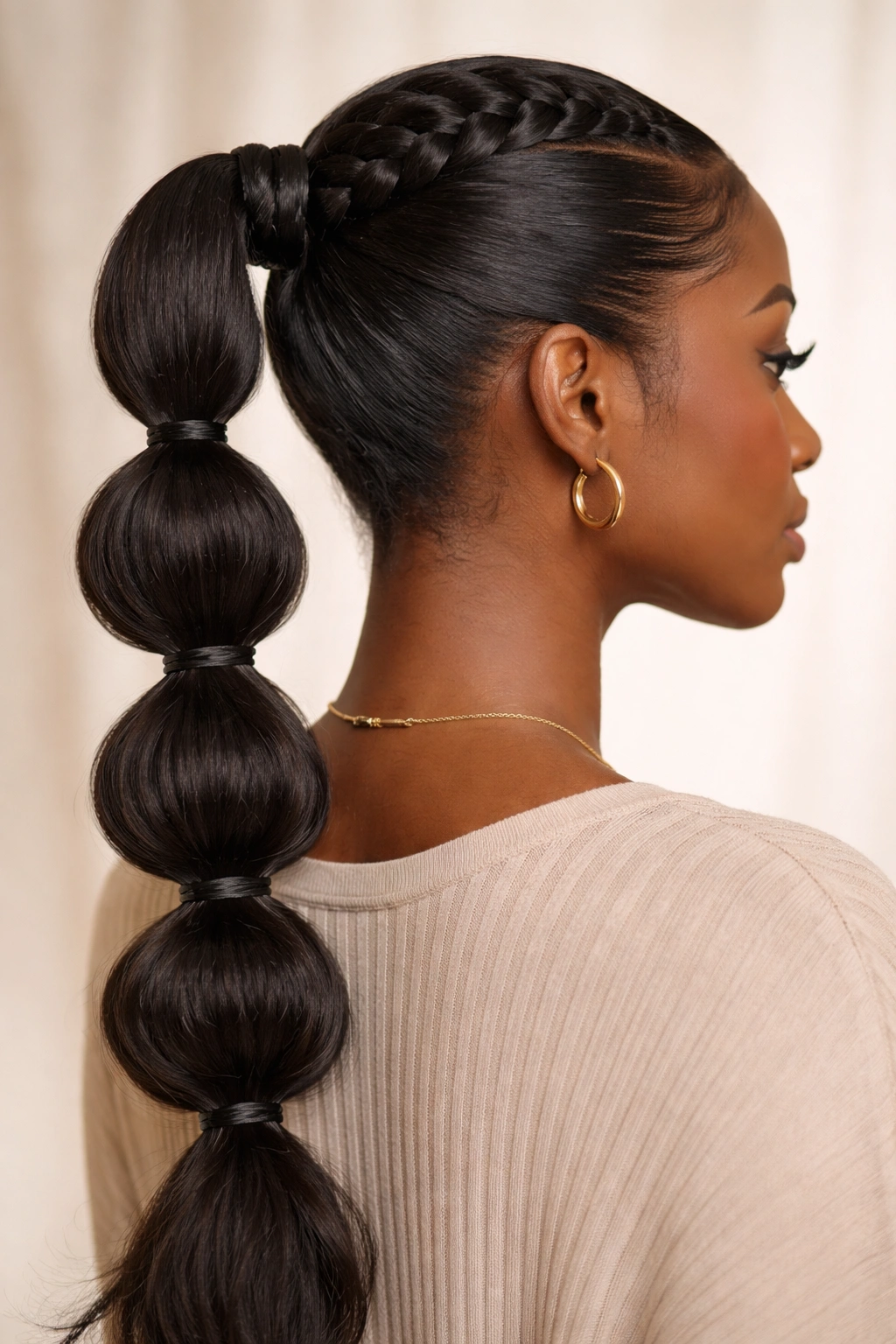Close-up of a French Braid into Sleek Bubble Ponytail showing evenly spaced bubbles along a high ponytail