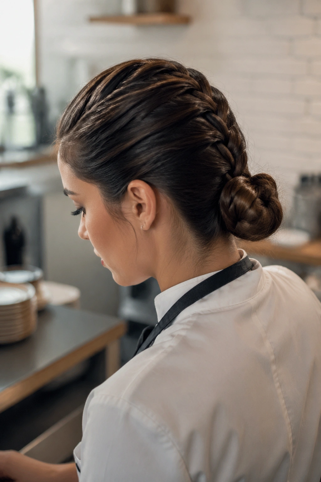 Close-up of a real person with a French braid into a coiled bun in natural cafe lighting