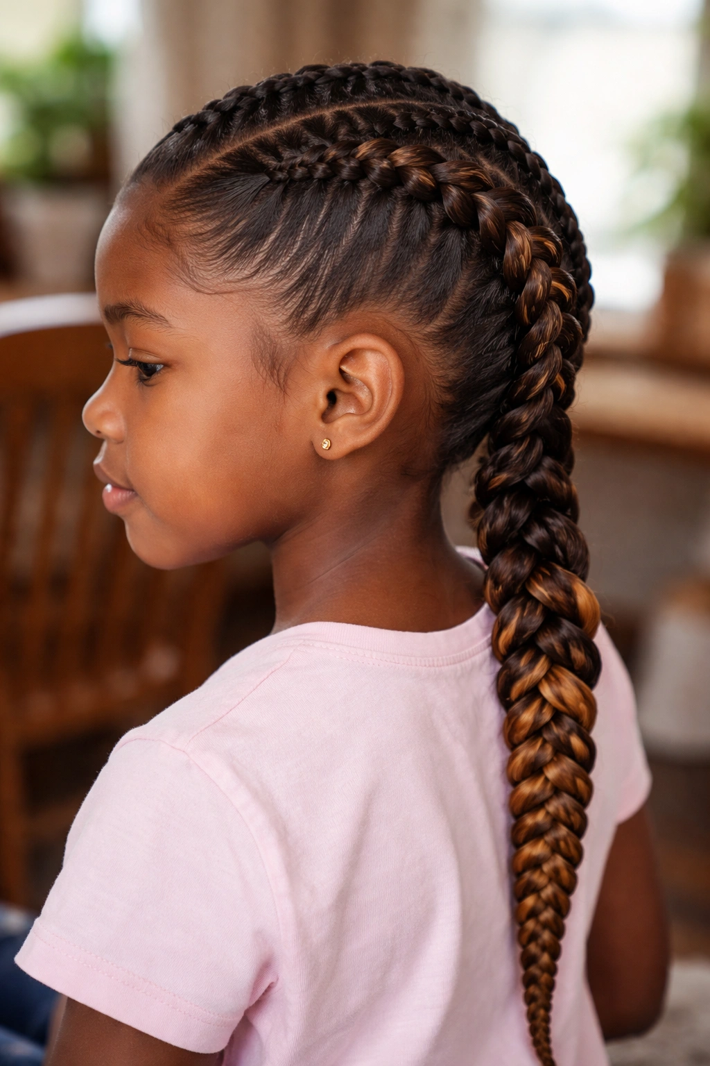 Girl with French braid transitioning into cornrow