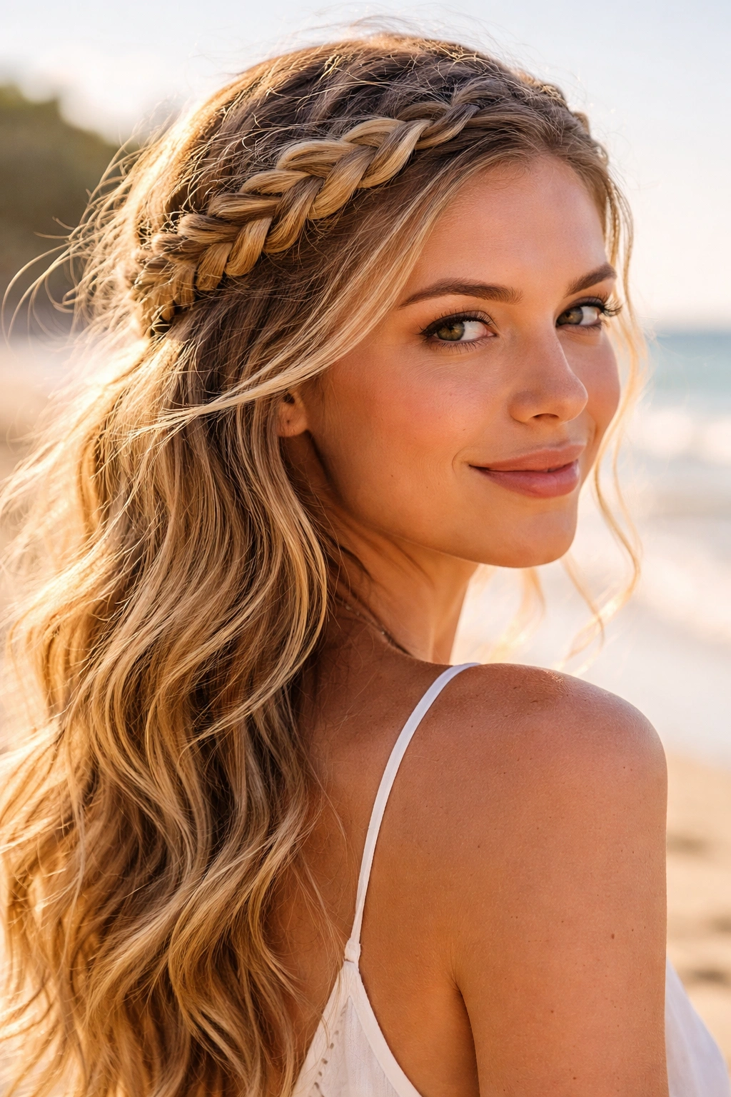 Close-up of a woman wearing a French braid crown at the beach