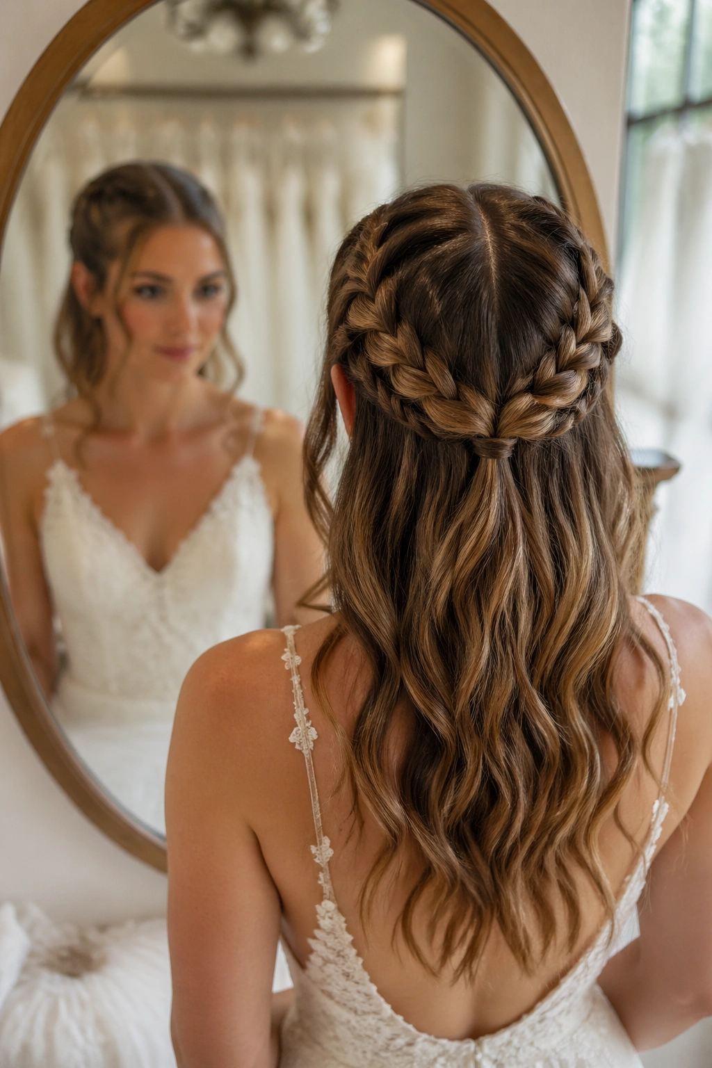 Over-the-shoulder view of French braid crown with center part