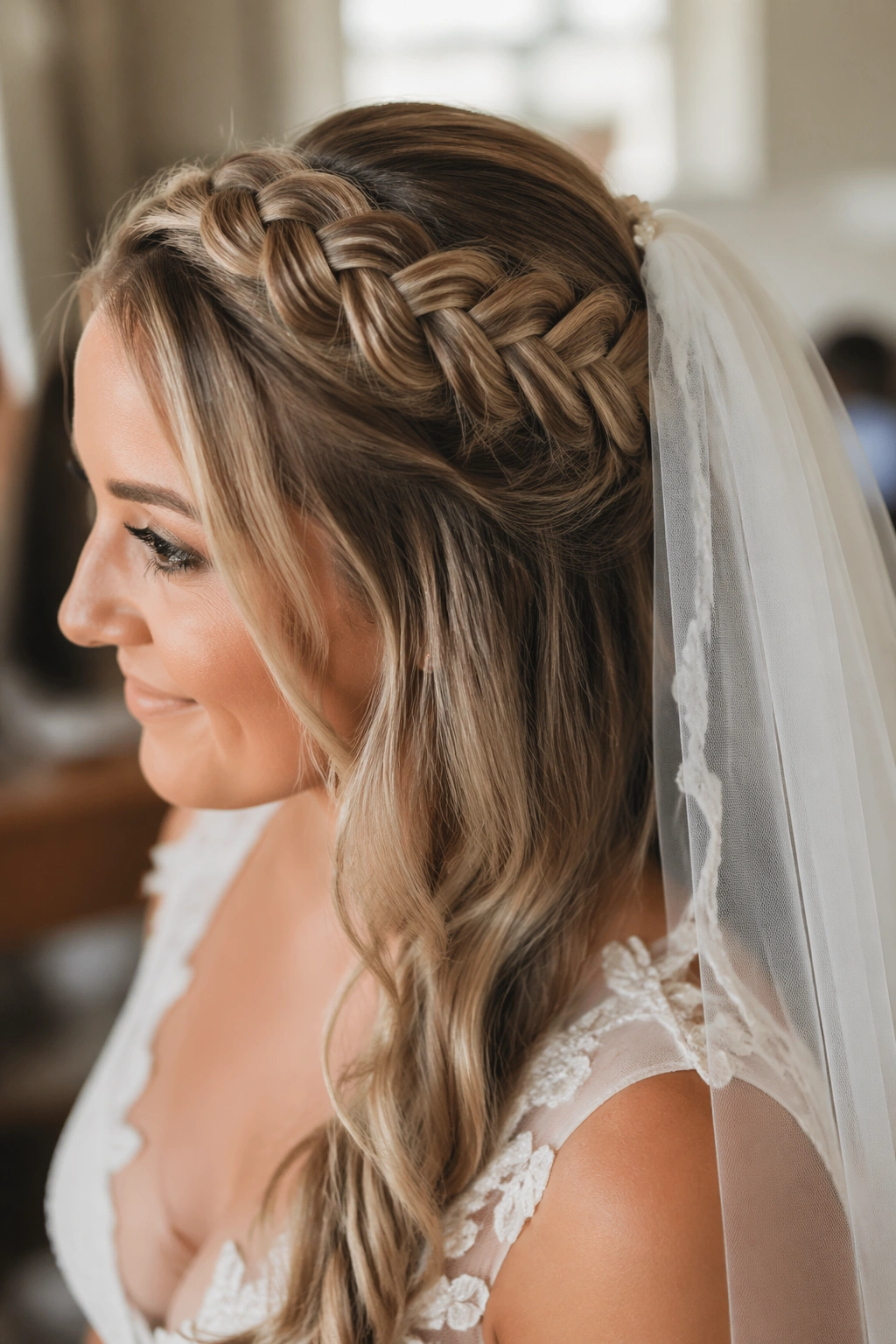 Close-up of a bridal French braid crown with veil placement