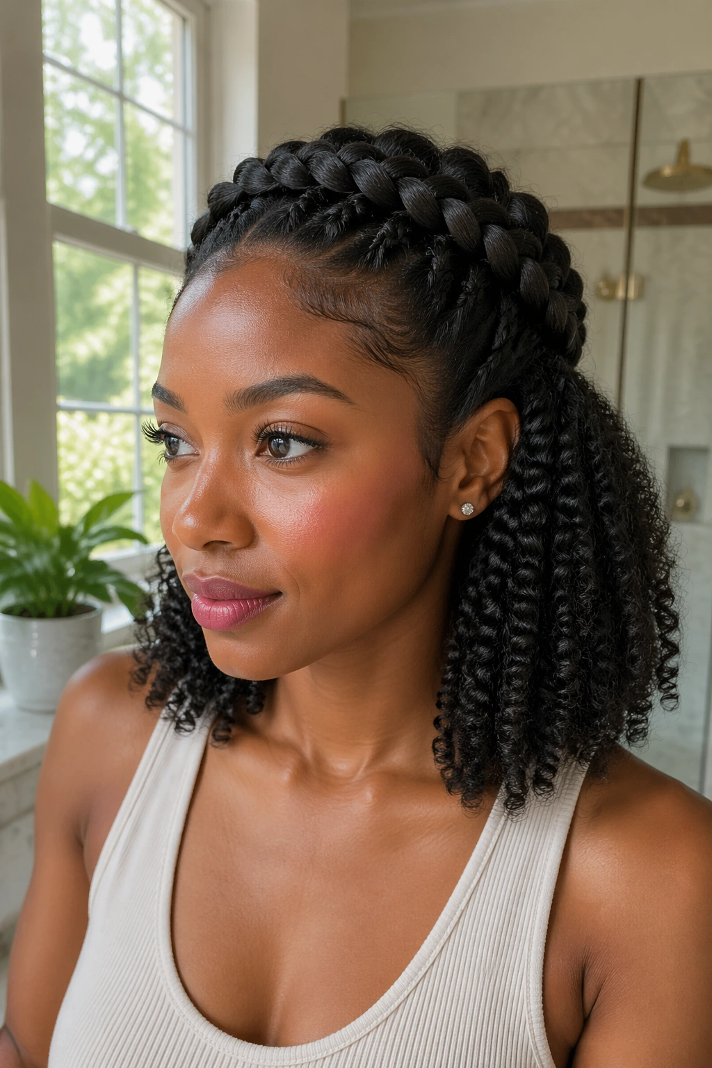 Medium close-up of real woman with French braid crown on wash-and-go curls