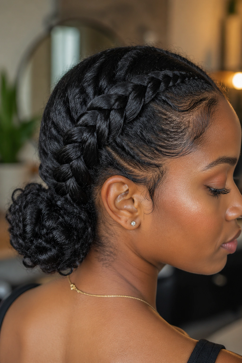 Profile of a real woman with French braid into curly bun