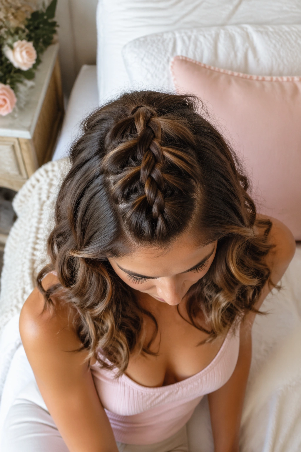 Top-down view of French braid feeding into loose half-down curls on short hair.