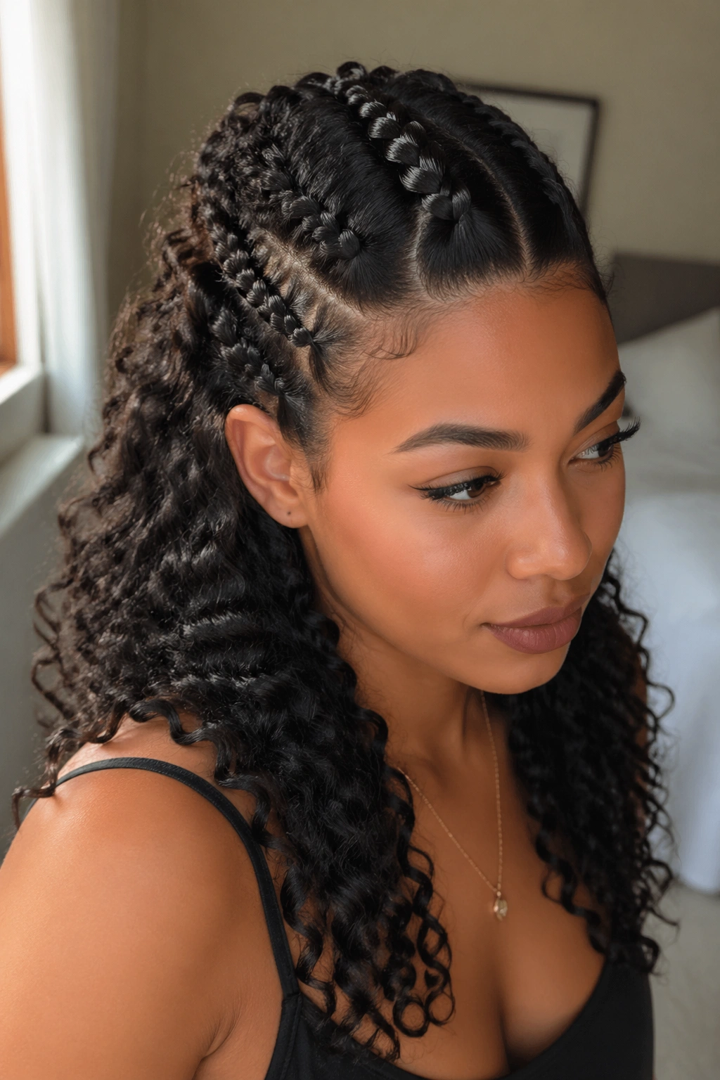 Close-up of real woman with front-to-crown French braid and loose hair